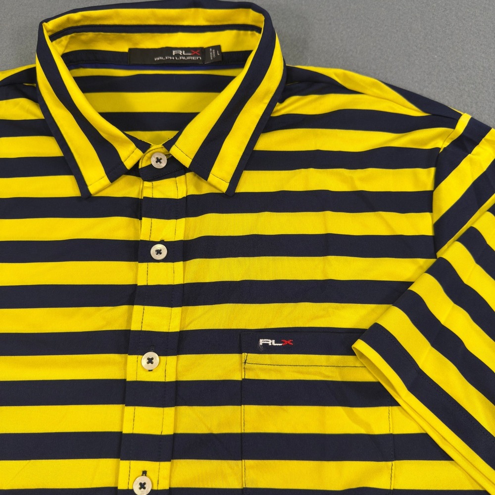 RLX Ralph Lauren Mens Golf Polo Shirt Large Yellow Navy Blue Striped Performance